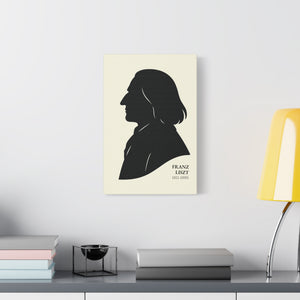 Canvas wall art with a black on ivory silhouette illustration of musician Franz Liszt on a wall above a desk with books and a lamp.