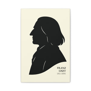 Canvas wall art with a black on ivory silhouette illustration of musician Franz Liszt