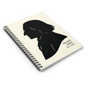 Spiral notebook with a black on ivory silhouette illustration of musician Franz Liszt on a white background