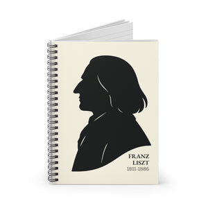 Spiral notebook with a black on ivory silhouette illustration of musician Franz Liszt opened