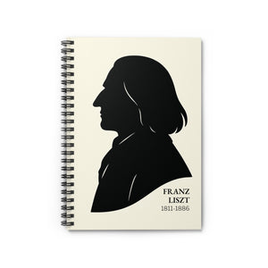 Spiral notebook with a black on ivory silhouette illustration of musician Franz Liszt