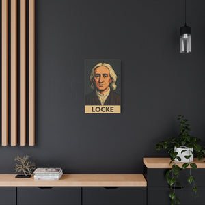 Canvas wall art with a bold illustration of philosopher John Locke on a dark wall with a modern interior setting