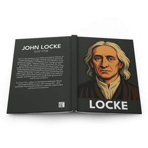 Hardcover journal with a bold illustration of philosopher John Locke on the front cover and a bio on the back cover