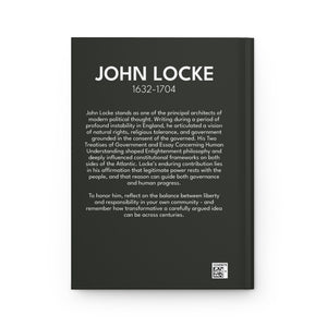 Hardcover journal with a bold illustration of philosopher John Locke with a bio on the back cover