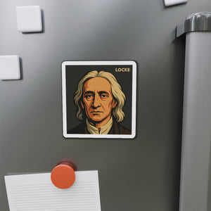 Vinyl magnet with a bold illustration of philosopher John Locke on a refrigerator