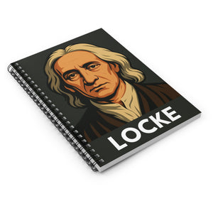 Spiral notebook with a bold illustration of philosopher John Locke flat on a white surface