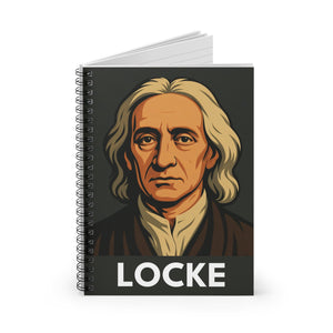 Spiral notebook with a bold illustration of philosopher John Locke opened