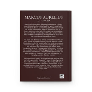 Hardcover journal with a beautiful, original illustration of Roman emperor Marcus Aurelius with a bio on the back cover