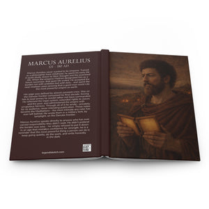 Hardcover journal with a beautiful, original illustration of Roman emperor Marcus Aurelius on the front cover and a bio on the back cover