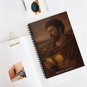 Spiral notebook with a beautiful, original illustration of Roman emperor Marcus Aurelius on a white surface