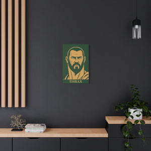 Canvas wall art with a bold illustration of Roman emperor Maximus Thrax in a modern interior setting.