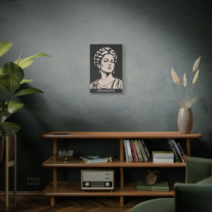 Canvas wall art with a bold illustration of Roman empress Messalina on a dark wall