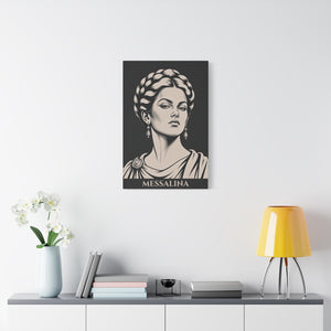 Canvas wall art with a bold illustration of Roman empress Messalina on a wall above a shelf with decor items.
