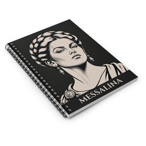 Spiral notebook with a bold illustration of Roman empress Messalina on a flat surface