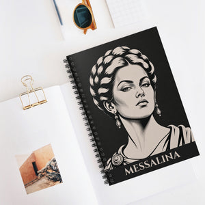 Spiral notebook with a bold illustration of Roman empress Messalina on a white surface with accessories.