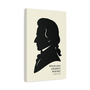 Canvas wall art with a black on ivory silhouette illustration of musician Wolfgang Amadeus Mozart side view