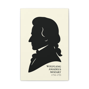 Canvas wall art with a black on ivory silhouette illustration of musician Wolfgang Amadeus Mozart