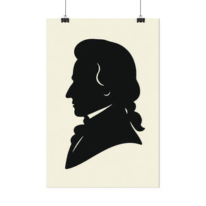Fine art poster with a black on ivory silhouette illustration of musician Wolfgang Amadeus Mozart ready to frame
