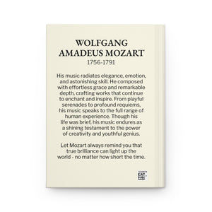 Hardcover journal with a black on ivory silhouette illustration of musician Wolfgang Amadeus Mozart with a bio on the back cover