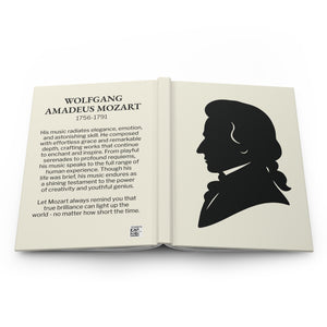 Hardcover journal with a black on ivory silhouette illustration of musician Wolfgang Amadeus Mozart on the front cover and a bio on the back cover