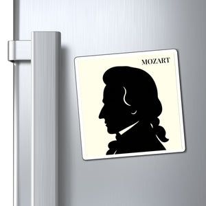 Vinyl magnet with a black on ivory silhouette illustration of musician Wolfgang Amadeus Mozart on a refrigerator