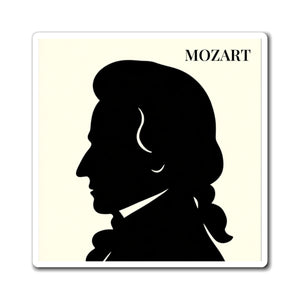 Vinyl magnet with a black on ivory silhouette illustration of musician Wolfgang Amadeus Mozart
