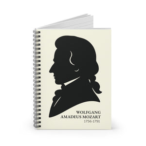 Spiral notebook with a black on ivory silhouette illustration of musician Wolfgang Amadeus Mozart open view
