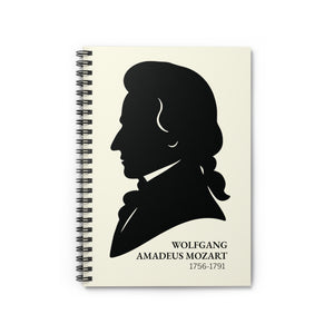 Spiral notebook with a black on ivory silhouette illustration of musician Wolfgang Amadeus Mozart