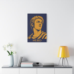 Canvas wall art with a bold illustration of Roman emperor Nero on a wall above a table with decor items
