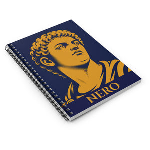Spiral notebook with a bold illustration of Roman emperor Nero on a white surface