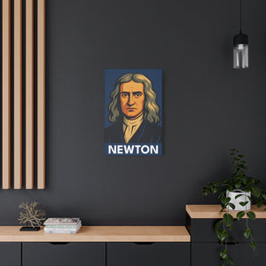 Canvas wall art with a bold illustration of scientist Isaac Newton on a dark wall with a modern interior setting.
