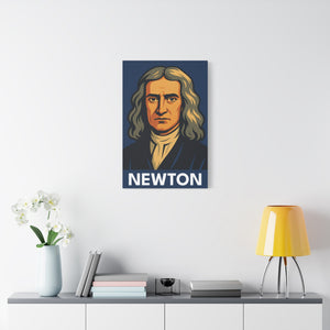 Canvas wall art with a bold illustration of scientist Isaac Newton on a white wall above a modern desk