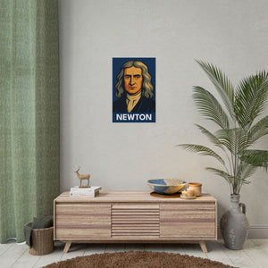 Fine art poster with a bold illustration of scientist Isaac Newton on a wall in room interior