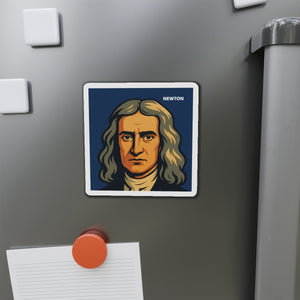 Vinyl magnet with a bold illustration of scientist Isaac Newton on a refrigerator