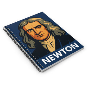 Spiral notebook with a bold illustration of scientist Isaac Newton flat on a white surface