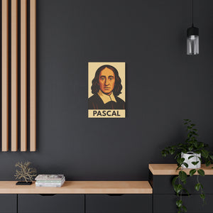 Canvas wall art with a bold illustration of mathematician and philosopher Blaise Pascal on a dark wall with a modern interior setting