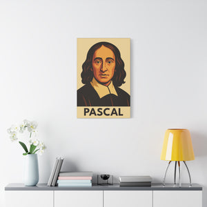 Canvas wall art with a bold illustration of mathematician and philosopher Blaise Pascal on a white wall above a desk