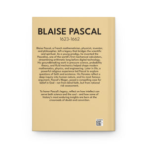 Hardcover journal with a bold illustration of mathematician and philosopher Blaise Pascal with a bio on the back cover
