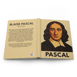 Hardcover journal with a bold illustration of mathematician and philosopher Blaise Pascal on the front cover and a bio on the back cover