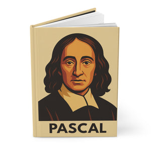 Hardcover journal with a bold illustration of mathematician and philosopher Blaise Pascal open