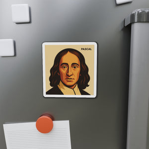 Vinyl magnet with a bold illustration of mathematician and philosopher Blaise Pascal on a refrigerator