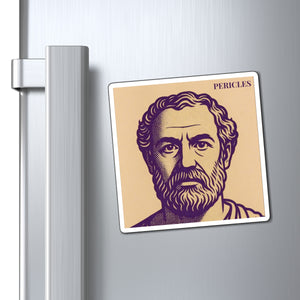 Refrigerator magnet with a purple and beige illustration of Greek statesman Pericles on a mockup view