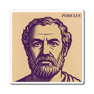 Refrigerator magnet with a purple and beige illustration of Greek statesman Pericles