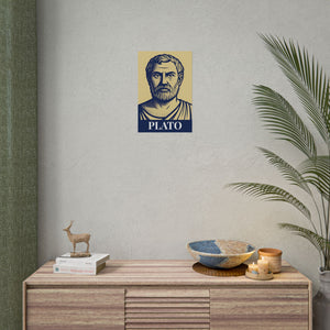 Fine art poster with a bold illustration of ancient Greek philosopher Plato on a wall above a cabinet

