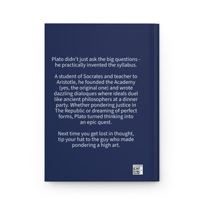 Hardcover journal with a bold illustration of ancient Greek philosopher Plato with a back cover bio