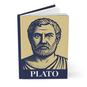 Hardcover journal with a bold illustration of ancient Greek philosopher Plato opened