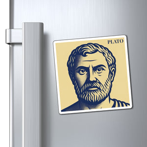 Rerfrigerator magnet with a bold illustration of ancient Greek philosopher Plato on a metallic surface
