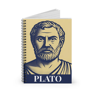 Spiral notebook with a bold illustration of ancient Greek philosopher Plato open
