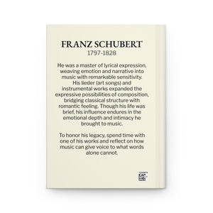 Hardcover journal with a black-on-ivory silhouette illustration of musician composer Franz Schubert with a bio on the back cover