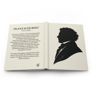 Hardcover journal with a black-on-ivory silhouette illustration of musician composer Franz Schubert on the front cover and a bio on the back cover